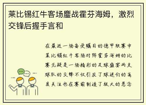 莱比锡红牛客场鏖战霍芬海姆，激烈交锋后握手言和
